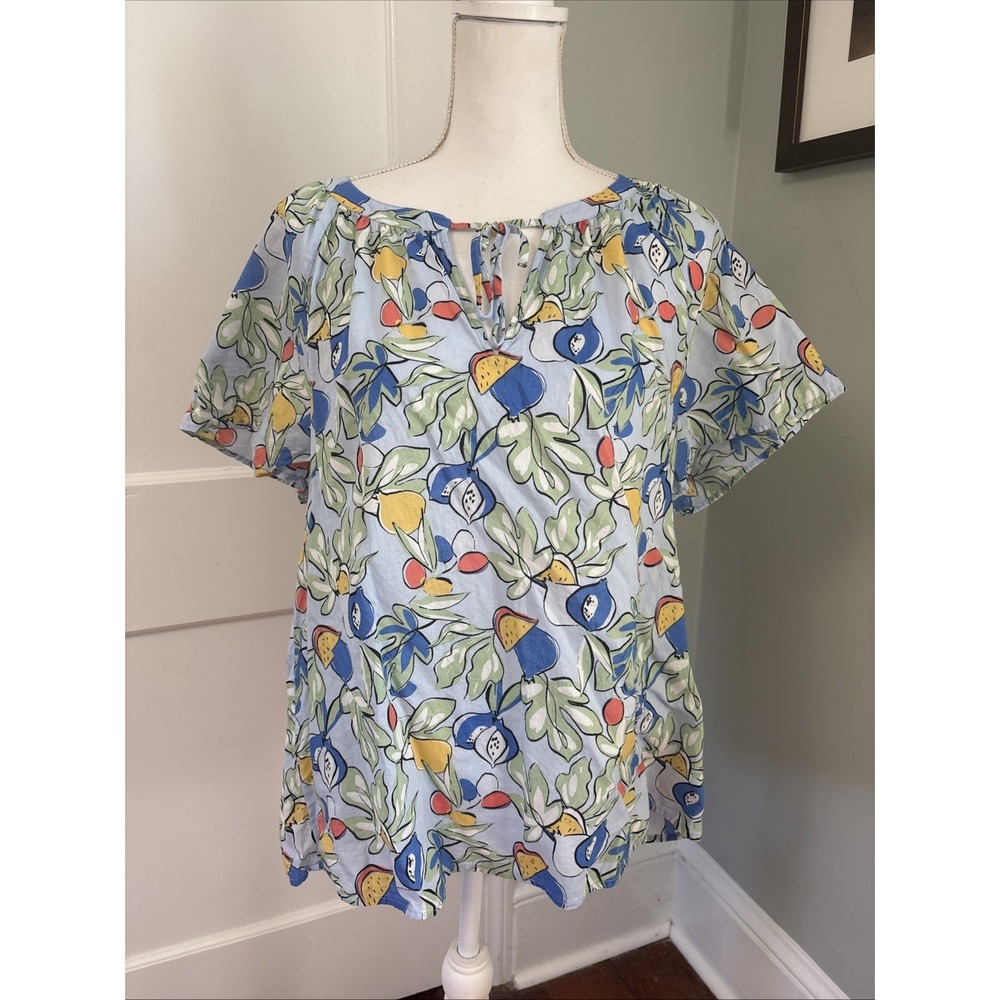 Loft Top Blouse Size Large Blue Shirt Floral Fruit Bell Sleeve Boho Peasant Top